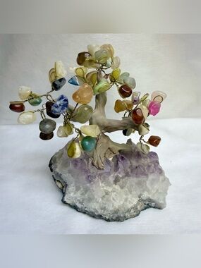 Vintage multi-colored gemstone bonsai tree sculpture